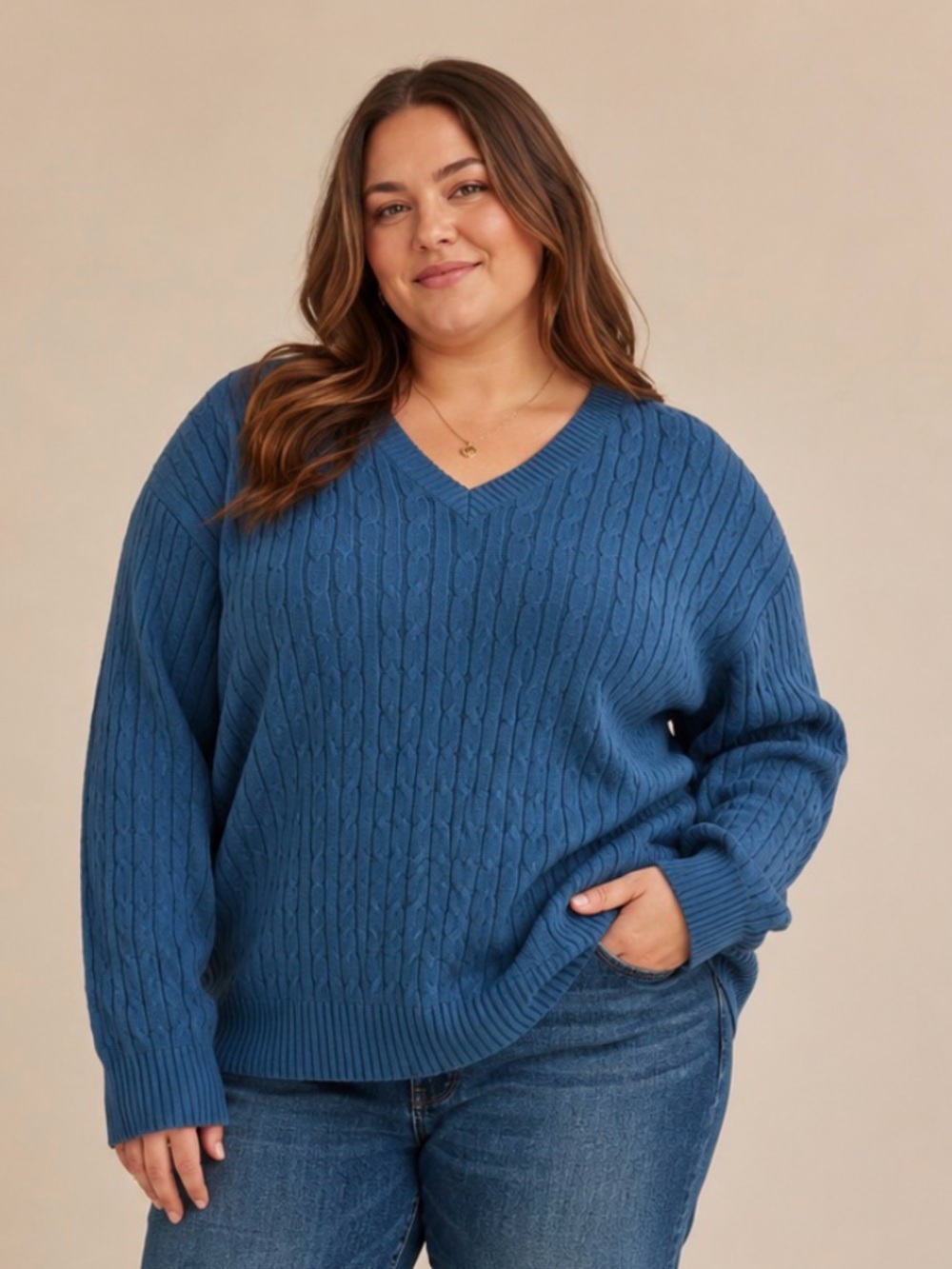 Eddie Bauer Blue Cable Knit V-Neck Sweater XXL Cozy Cotton